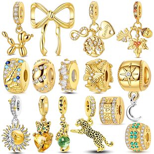 Gold Series Charms Bead Original 925 Sterling Silver Inlaid