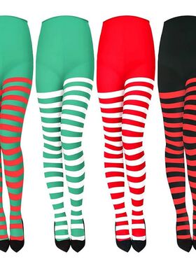 Women Red Black Striped Tights Full Length Tights Thigh High