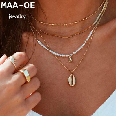Gold-plate Faux Pearl Snake Chain Shell Pendant Necklaces Fo