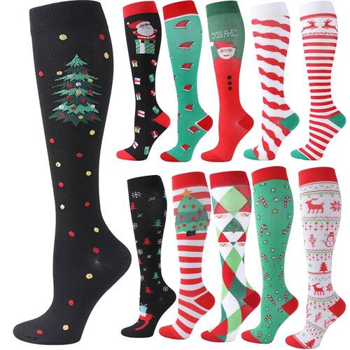 Christmas Compression Socks Santa Claus Tree Snowflake Patte