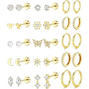 Bobisty 1 Pair 14K Gold Plated Flat Back Stud Hoops Earrings