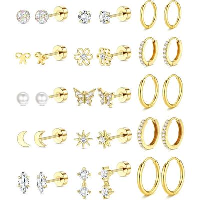 Bobisty 1 Pair 14K Gold Plated Flat Back Stud Hoops Earrings