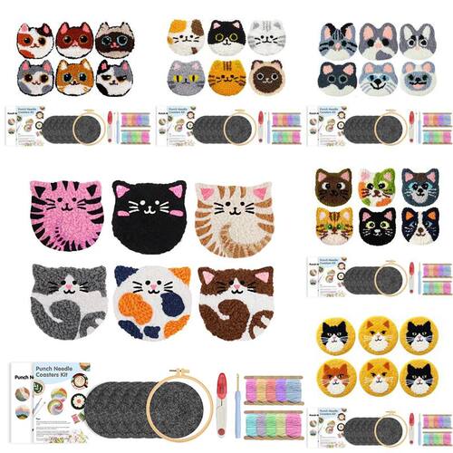 6pcs/Set Punch Needle Coaster Kit Cat Animal Punch Needle Em