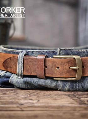 Vintage Genuine Leather Men's Belt With Solid Brass Buckle,