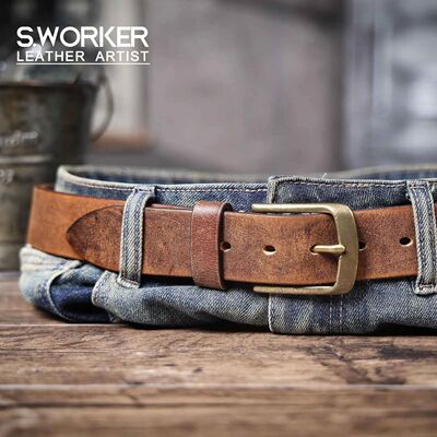 Vintage Genuine Leather Men's Belt With Solid Brass Buckle,