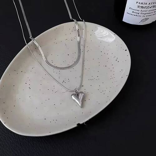 Double Layered Love Heart Pendant Necklace for Women Silver