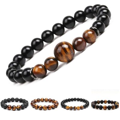 Chakra Beaded Bracelet Men 8mm 12mm Natural Stone Lava Rock