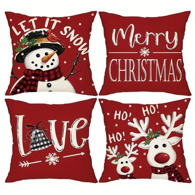 New Red Christmas Pillow Cover 45x45cm - Snowman & Deer Prin