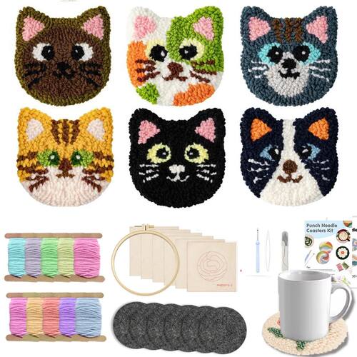 6pcs Cat Punch Needle Embroidery Coaster Set For Adult Punch