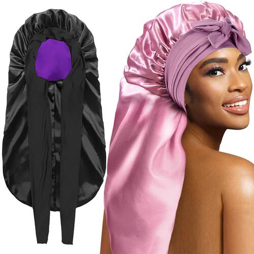 Women Extra Large Hair Long Silk Bonnet Cap & Elastic Satin