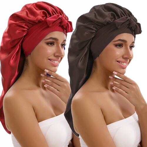 1/2/3pcs Satin Sleep Caps with Ribbon Tie - Black & Pink, Po