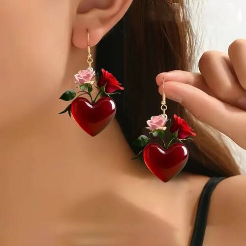 Elegant Valentine's Day Heart-shaped Earrings Sweet Red Rose
