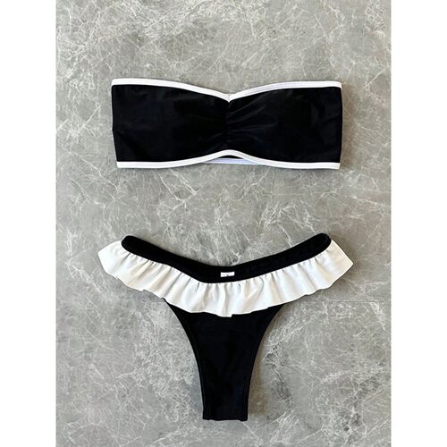 Women's Strapless Swimsuit 2-piece Suit Solid Color Patchwor