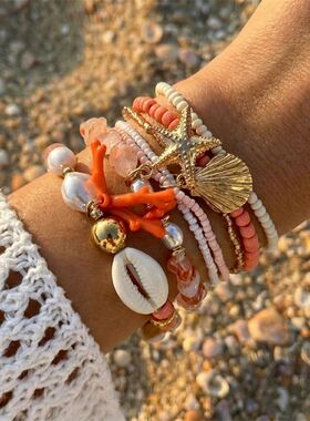 Cute Coral Starfish Shell Multi-Layer Bracelet for Women Oce
