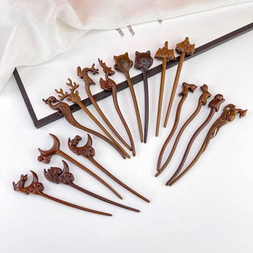 Cute Cat U-shaped Sandalwood Hairpin, New Chinese Retro Disc