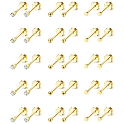 15 Pairs Tiny Surgical Steel Gold Stud Earrings, Comfortable