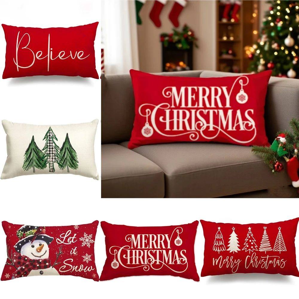 Xmas Tree Pillow Cover 30x50cm Linen Throw Pillowcase Merry