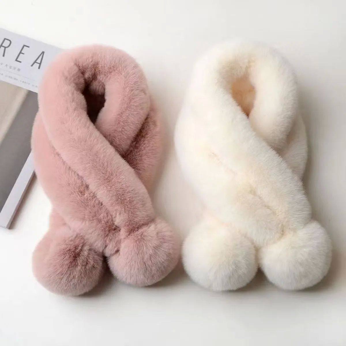 1pc Plush Cross Scarf Faux Rabbit Fur Thickened Plush Ball T