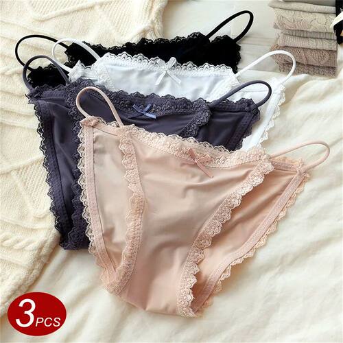 3pcs Strap Ice Silk Underwear Women Sexy Thin Breathable Lac
