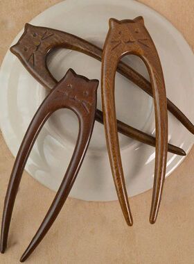 Chinese Cat Pattern Hair Sticks Wooden U Shaped Hair Forks f