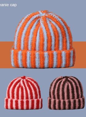 Korea  Autumn and Winter New Feather Yarn Striped Wool Beani