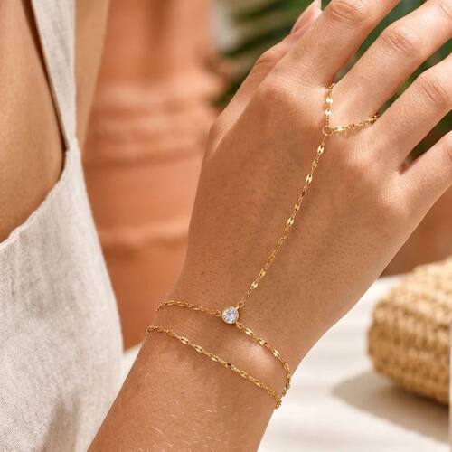 Stainless Steel Hand Chain Ring Bracelet for Women, Gold Pla