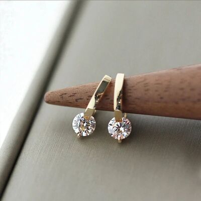 Gold Color Metal Bar Round Cubic Zirconia Stone Earrings Stu