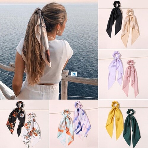 Floral Print Bow Satin Long Ribbon Ponytail Scarf Hair Tie