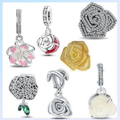 925 Silver-Plated Rose Flower Beads Pendant Style Red Color