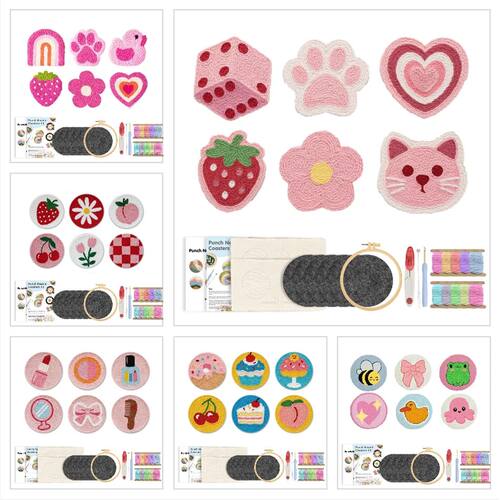 6ps Pink-Themed Punch Needle Coasters Kit Punch Needle Embro