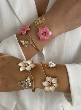Romantic Pink Enamel Flower Bracelets for Women Gold Color H