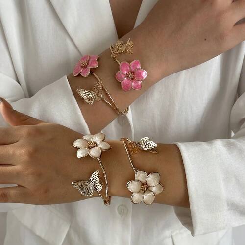 Romantic Pink Enamel Flower Bracelets for Women Gold Color H
