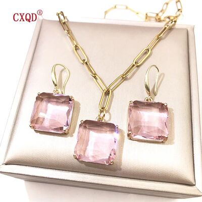 Colorful Clear Square Glass Pendant Necklace For Women Stain