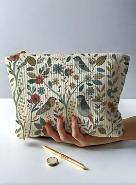 1pc，Branch bird pattern corduroy zipper makeup bag, lightwe