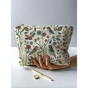 1pc，Branch bird pattern corduroy zipper makeup bag, lightwe