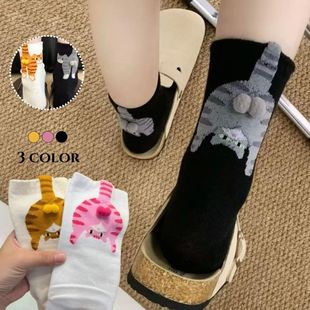 Cartoon 3D Cat Egg Design Middle Tube Socks for Women Soft B