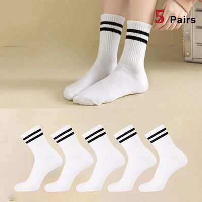 5 Pairs Women's Mid Length Socks Solid Color Parallel Stripe