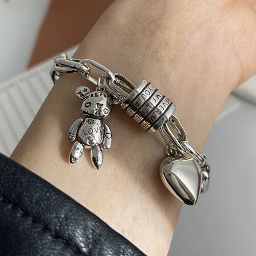 Sterling Silver Bracelets for Women Men Bear Heart Chain Tre
