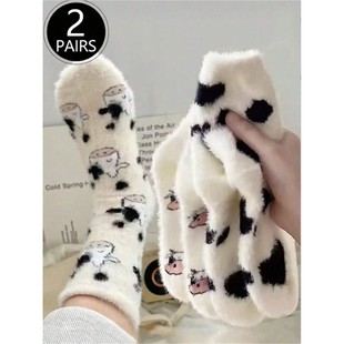 Cartoon Cute Cow Mink Velvet Socks Women Winter Soft Fleece
