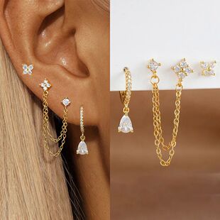 3PCS Stud Earri Crystal Ear Steel Stainless Set Butterfly