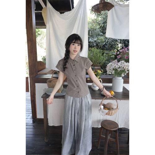 复古韩系格子polo领修身短袖衬衫女夏装设计感纽扣收腰通勤上衣服