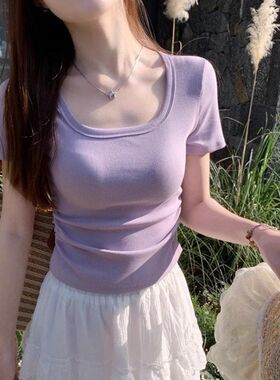 紫色短袖T恤女夏季2026年新款百搭修身正肩方领法式锁骨甜辣上衣