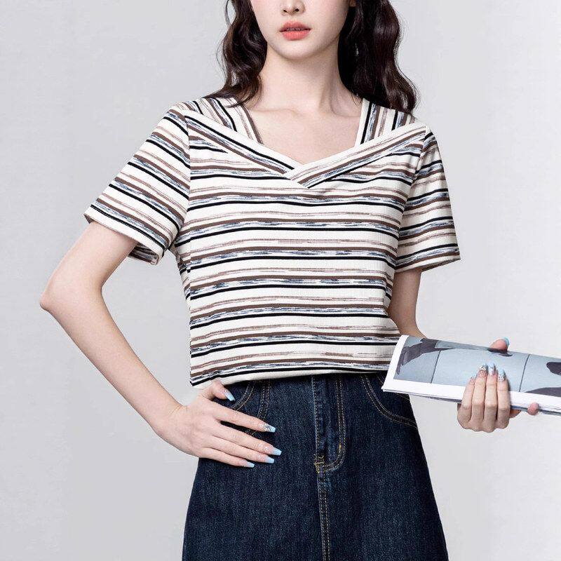 宽松正肩V领条纹短袖t恤女士2025夏季新款小个子独特漂亮气质上衣