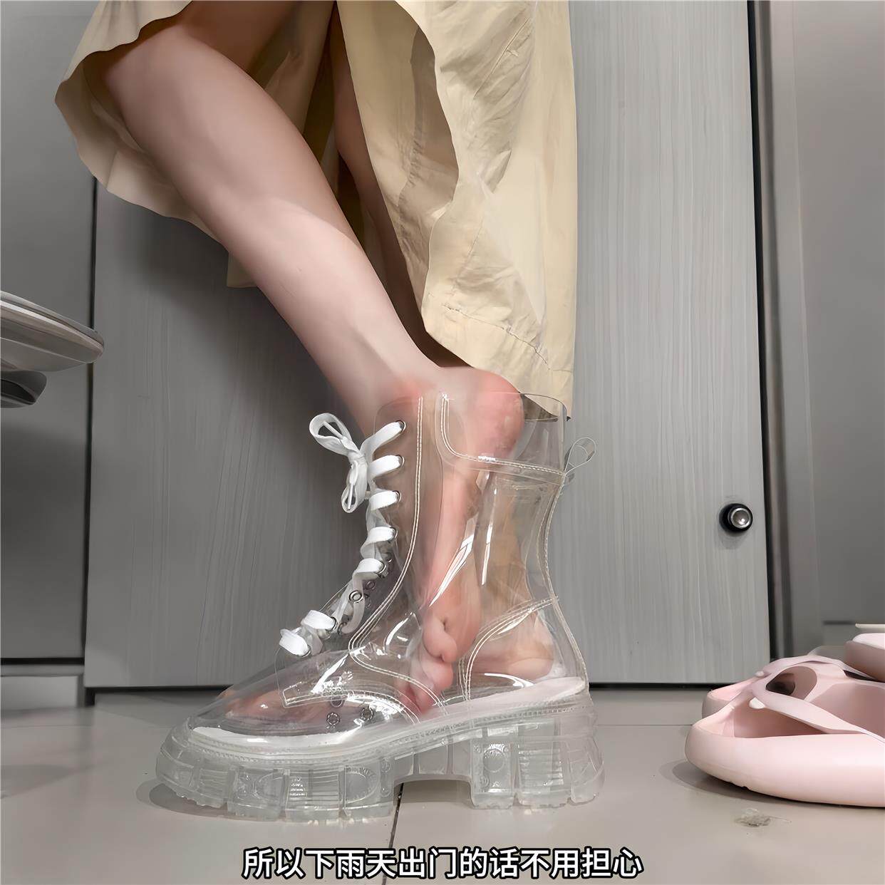 透明雨鞋女款防滑防水时尚款外穿软底不累脚厚底成人短筒水晶雨靴