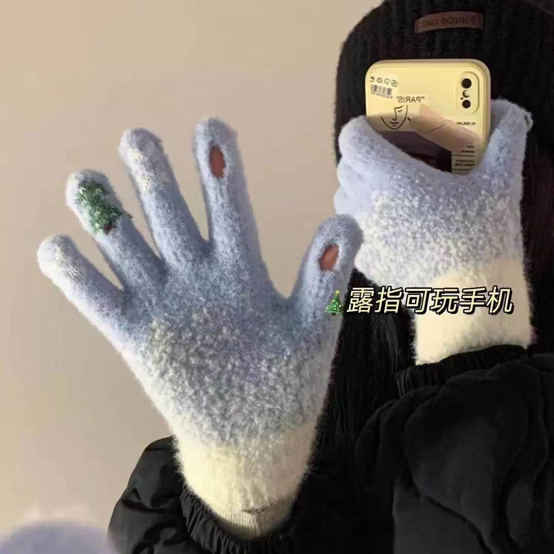 雪花手套毛绒防寒女冬季骑行保暖五指分指款学生毛茸茸手套ins