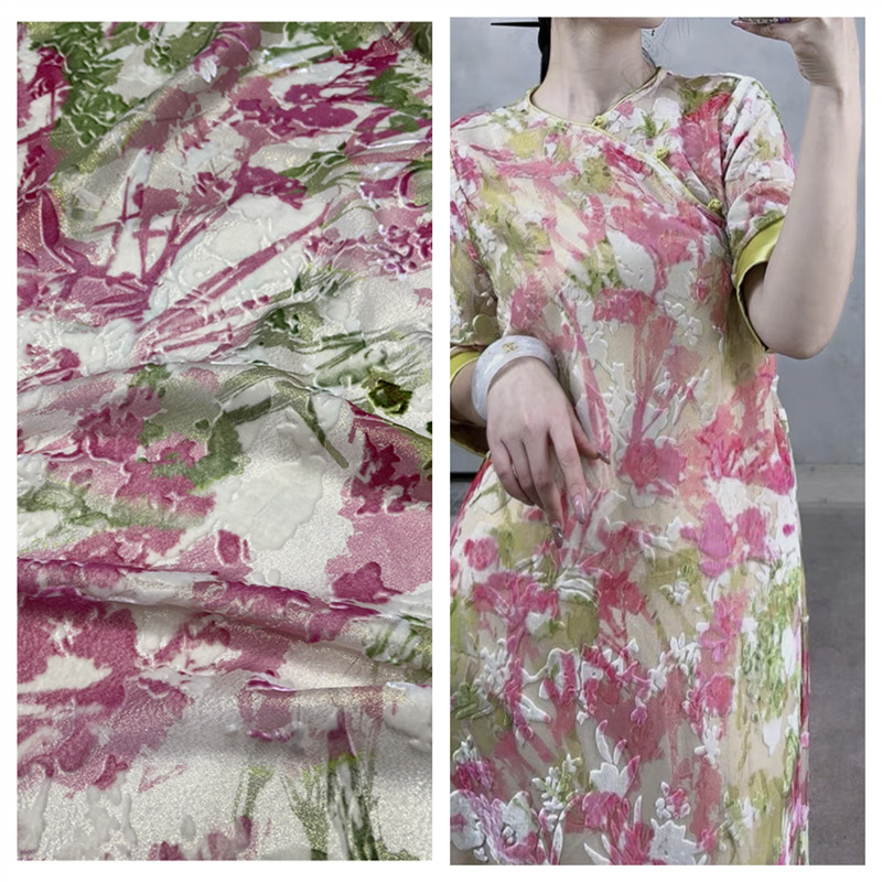 织金真丝绒面料桑蚕丝烂花烧花植绒花金丝绒旗袍连衣裙礼服簿布料