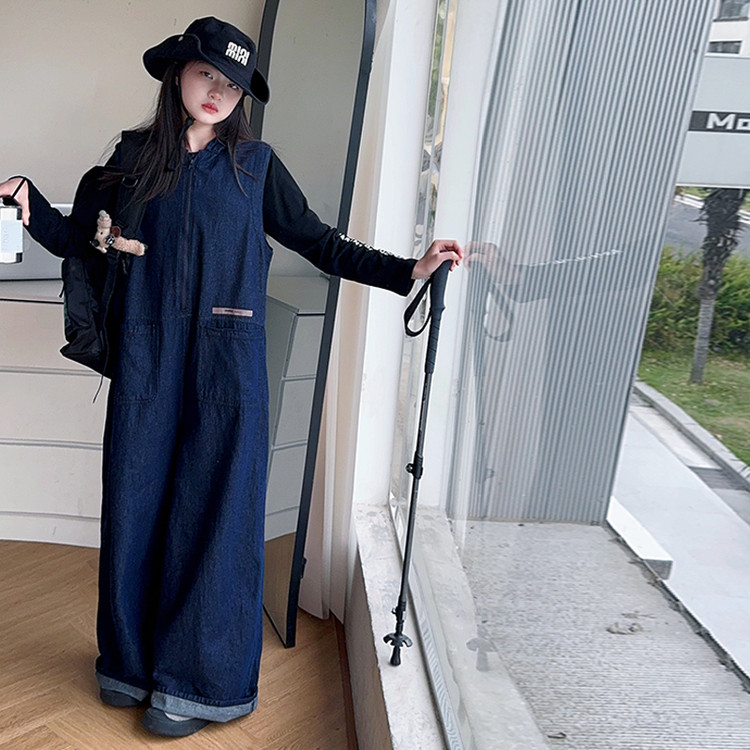女童2025夏季新款无袖连帽牛仔连体服中大童休闲时尚宽松长裤套装