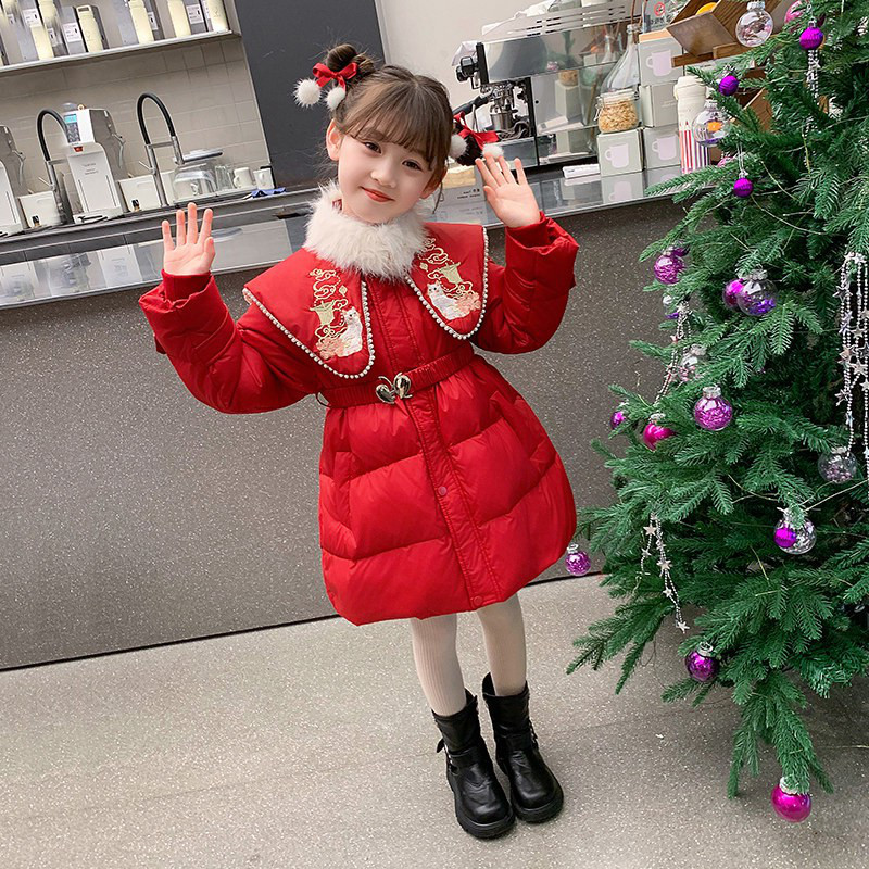 女童羽绒服2025新款冬季儿童拜年服国风中长款白鸭绒女孩红色外套