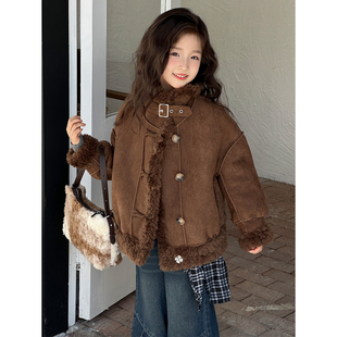 2025女童皮草立领皮毛一体外套冬季加厚仿羊羔毛夹克机车服短款潮