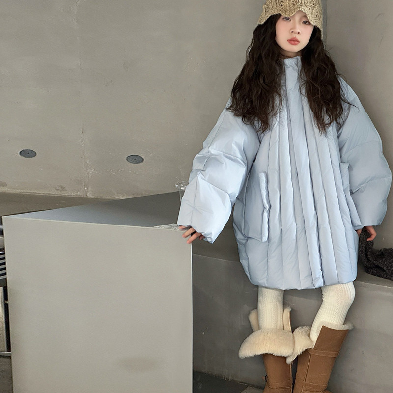女童羽绒服新国标2025冬新款中大童90白鸭绒外套中长款连帽面包服